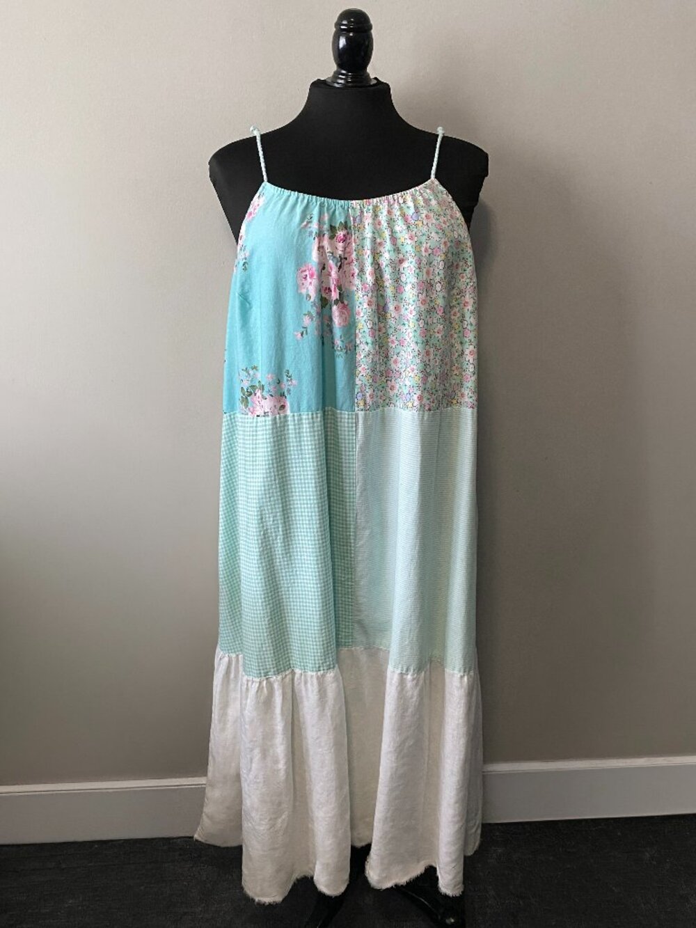 Handmade Plus Size Cotton Linen Blue White Pink Patchwork Crochet Strappy Dress